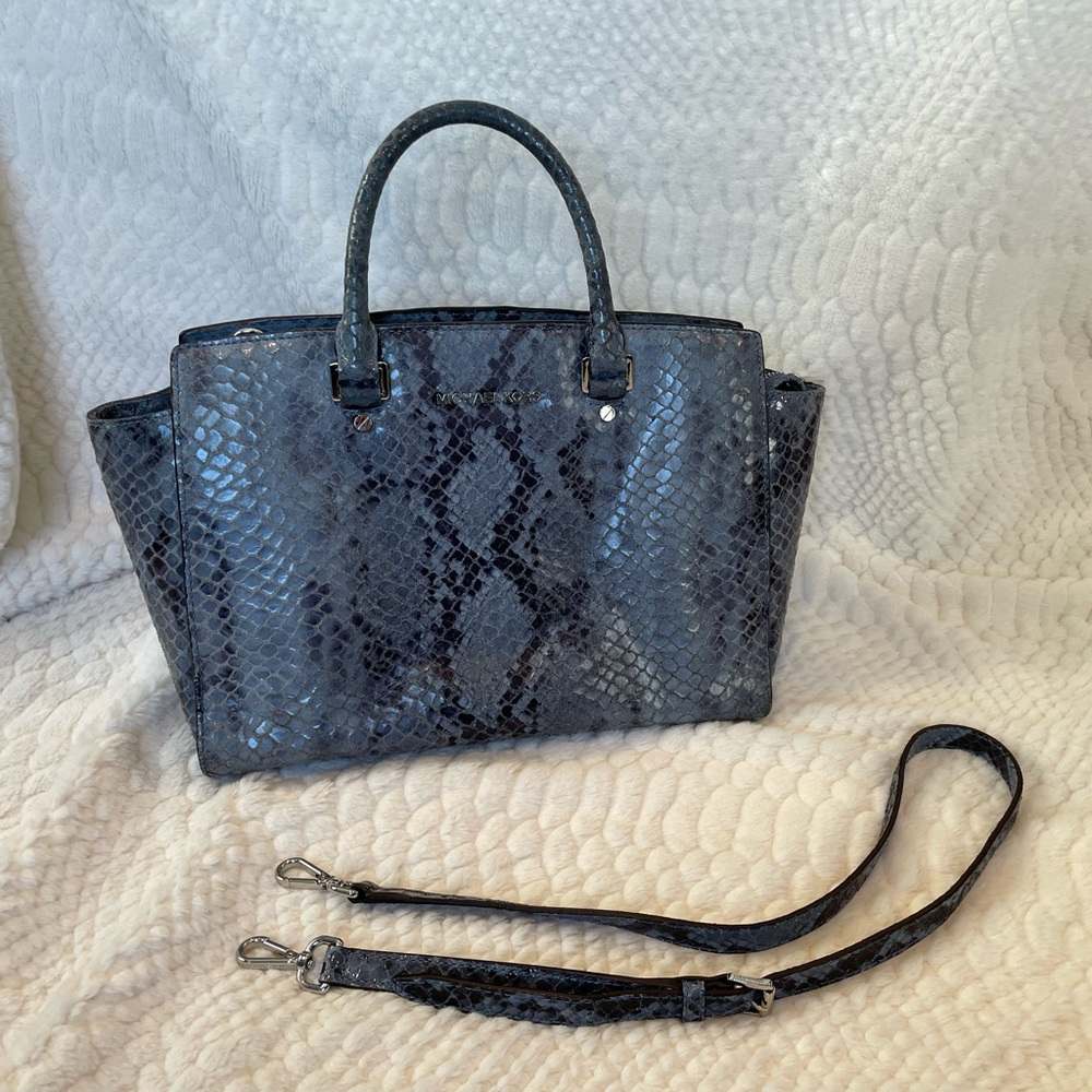 Michael Kors Riley Python Satchel 
Snakeskin Embossed Leather Blue/Gray Strap